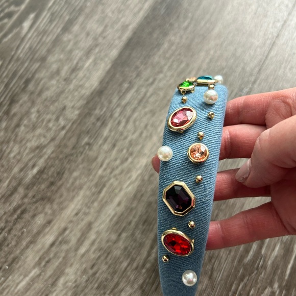 lele sadoughi headband LIGHT DENIM GEM BEZEL DENIM ALICE HEADBAND main image 5